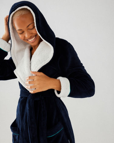 Navy Fluffy Hooded Dressing Gown
